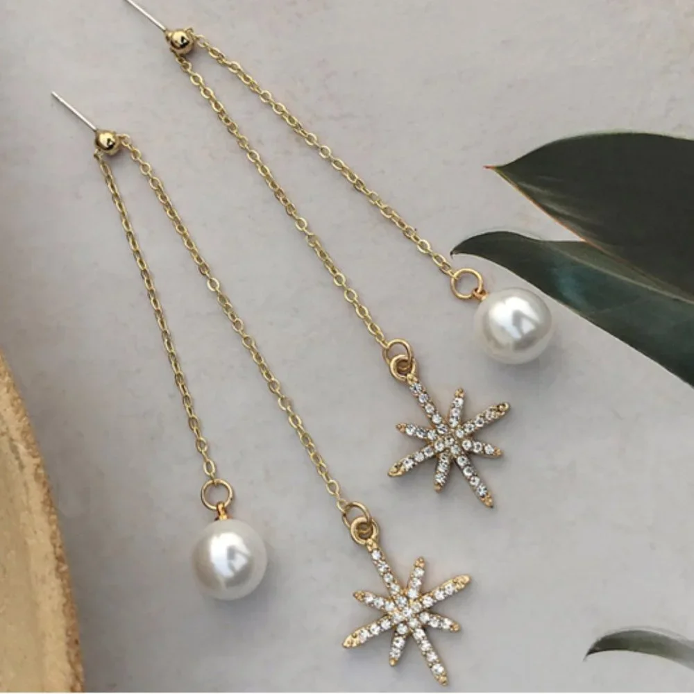 💙Star Shiny Pearl Threader Earrings - Picture 6 of 12